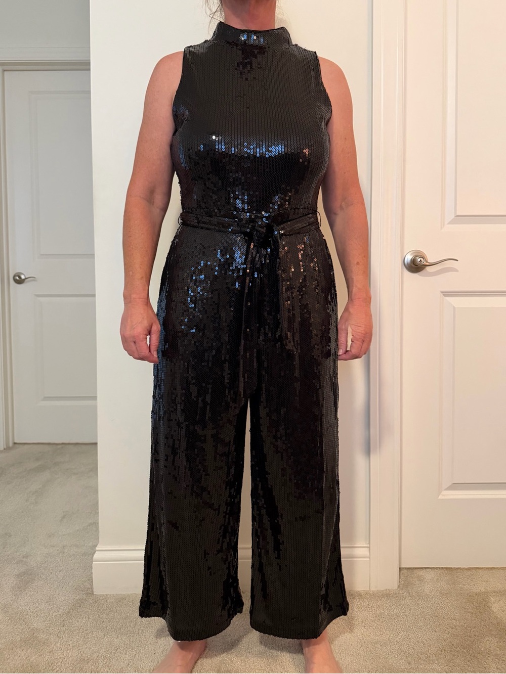 Michael Kors Black Sequin Mock-Neck Sleeveless Jumpsuit
